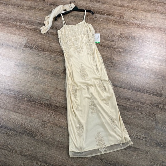 Vintage Stenay Maxi Dress 10 Cream Sheer Beaded Fairy Y2K Rayon Evening Gown - Picture 2 of 13
